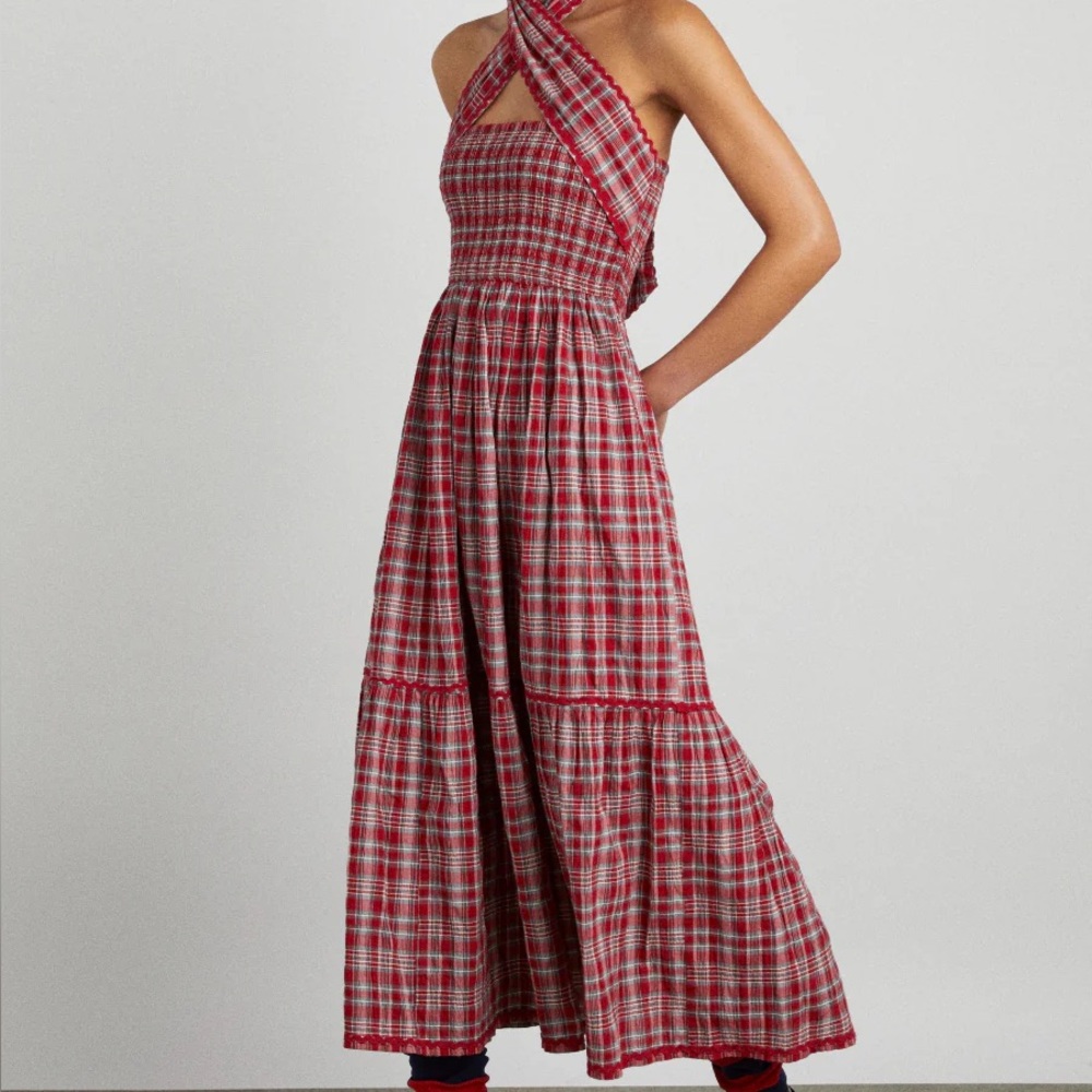 Damson Madder Pia Red Plaid Halter Maxi Dress NWT